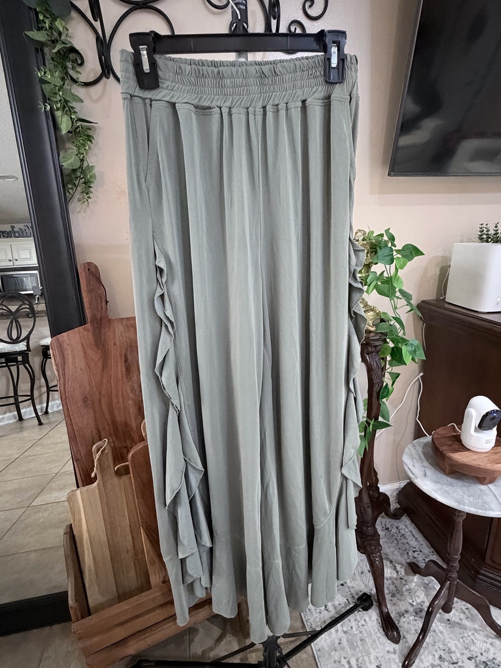 POL Sage Green Wide Leg Ruffle Pants
